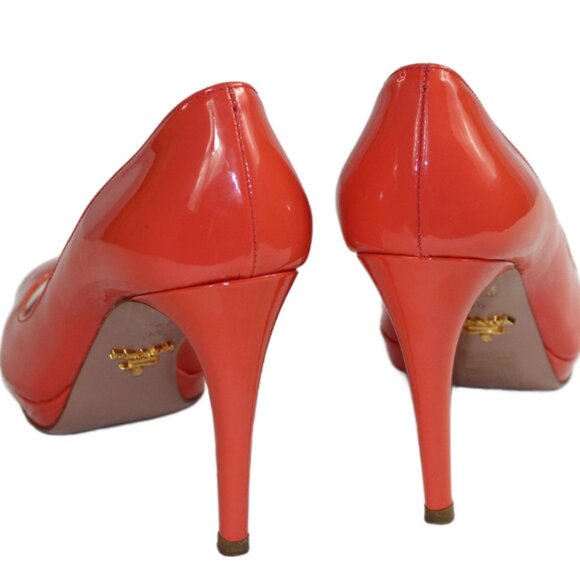 Prada Vernice Persimmon Patent Leather Peep Toe Platform Pumps, Size 36 (US 6) - Picture 7 of 9